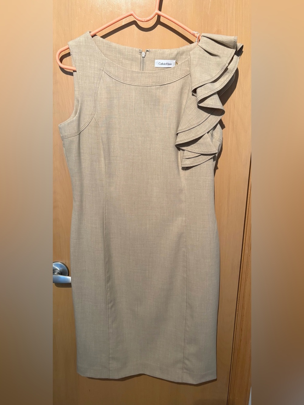 Calvin Klein One-Shoulder Ruffle Sheath Dress in Beige
